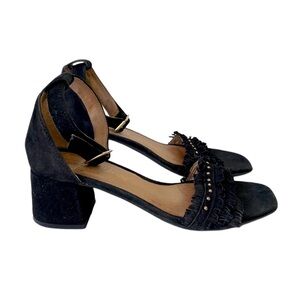Alpe Women Black Leather Suede Fringe Block Heels Ankle Strap Sandals 37 7